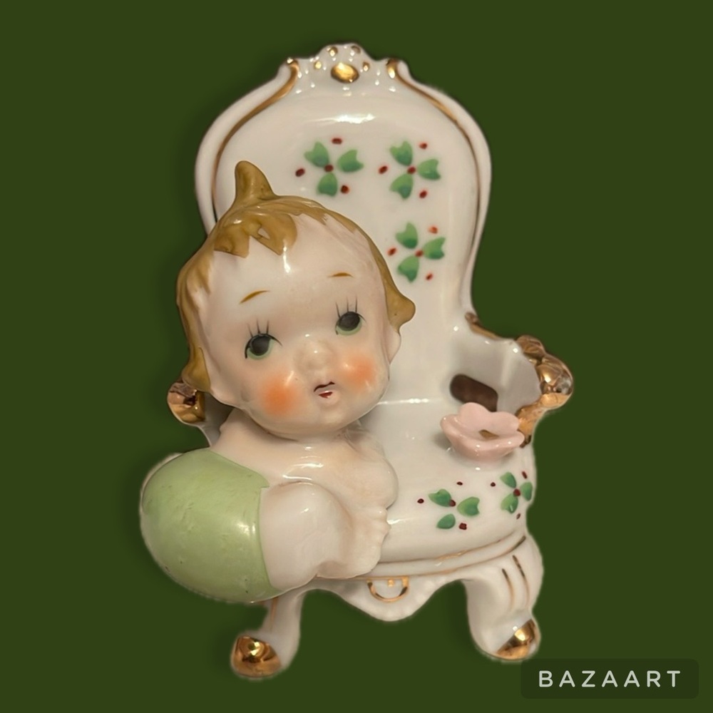 VTG-Porcelain baby figure climbing up a chair 4"
High Japan~CIRCA 1950's